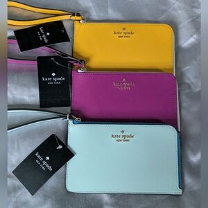 NWT 3 Kate Spade L Zip Wristlets in Blue Glow, Daffodil + Baja Rose - Bicolor